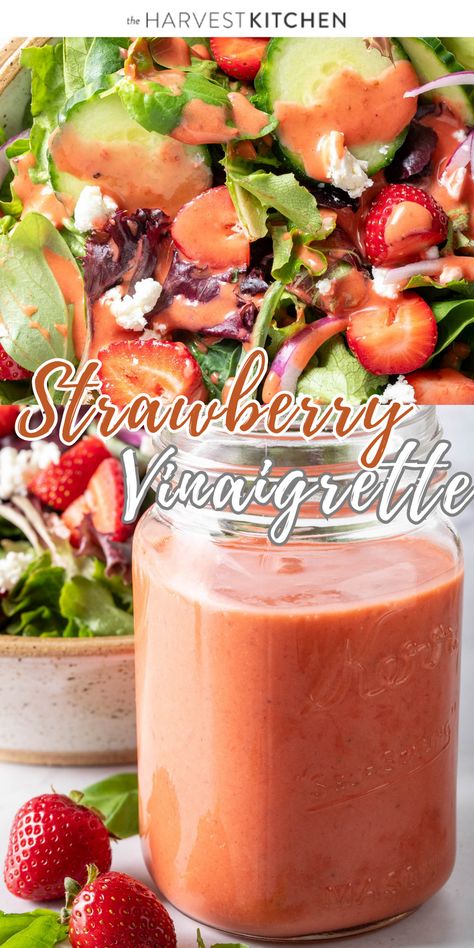 This Summer Strawberry Vinaigrette recipe uses juicy ripe strawberries, balsamic vinegar, lemon juice, a wee bit of pure clover honey, fresh basil and olive oil. The fresh flavors of this strawberry salad dressing will brighten just about any salad you’ll want to toss it with. Strawberry Salad Dressing, Salad Dressing Recipes Vinaigrette, Balsamic Vinaigrette Recipe, Strawberry Vinaigrette, Salad With Balsamic Dressing, Clover Honey, Harvest Kitchen, Strawberry Balsamic, Vinaigrette Recipe