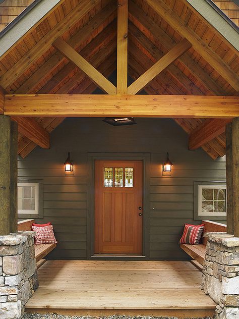 Wintergreen Retreat: Lindal Entry with seating by Lindal Cedar Homes, via Flickr Formal Entryway, Barndominium Exterior, Lindal Cedar Homes, Porch Remodel, Custom House Numbers, Building A Porch, Rustic Porch, Cabin Exterior, Cedar Homes