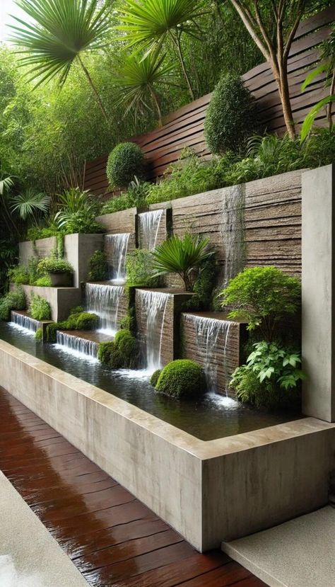 25 Stunning Garden Wall Ideas to Transform Your Backyard Oasis 55 Backyard Wall Fountain Ideas, Water Feature In Garden, Waterfall In Backyard, Oasis Garden Ideas, Small Walled Garden Ideas, Garden Walls Ideas, Front Garden Wall Ideas, Painted Garden Wall, Waterfall In Garden