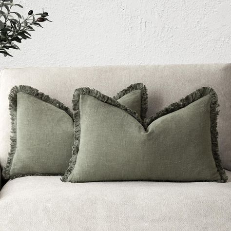 PRICES MAY VARY. 80%ramie+20%cotton 【Natural Linen Fabric】Our pillow cover is crafted of 80% natural ramie linen and 20% viscose. Natural linen fabric makes it soft, comfortable, eco-friendly, breathable and durable for all season use. Treated with Stone Washed process, the pillow's slubby weave creates subtle dimension, and a relaxed feel. 【Design with Fringe Edges】 This boho pillow cover is design with fringes at edges. The detail design of short tassels make a bohemian style, while offers und Olive Green Pillow, Sofa Bed Living Room, Bed Living Room, Green Pillow Covers, Fringe Pillows, Decorative Lumbar Pillows, Detail Design, Boho Cushions, Boho Farmhouse