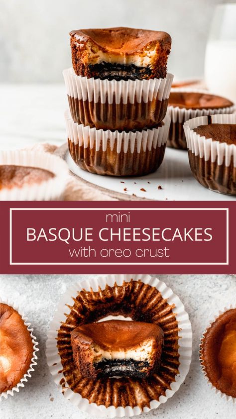 These mini burnt basque cheesecakes are made of a creamy cheesecake layer and Oreo crust. Using a muffin tin makes these a quick and easy cheesecake recipe that doesn't require any chilling! Basque Burnt Cheesecake Cupcake, Muffin Tin Cheesecake Recipes, Cheesecake Muffin Tin, Chocolate Basque Cheesecake, Mini Basque Cheesecake, Mini Basque Burnt Cheesecake, Burnt Cheesecake Packaging Ideas, Muffin Tin Cheesecake, Oreo Dessert Ideas