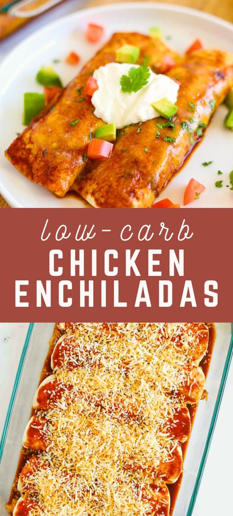 This keto and low carb chicken enchilada recipe is made with low carb enchilada sauce, shredded chicken, and green chilis. Top it with melted cheese, sour cream, and avocado for the perfect keto enchilada! keto mexican dinner | low carb mexican dinner dishes Keto Recipes Using Shredded Chicken, Low Carb Smothered Chicken, Keto Green Chili Chicken Taquitos, Low Carb Enchilada Sauce, Low Fat Chicken Enchiladas, Low Carb Green Chili Chicken Enchiladas, Low Carb Shredded Chicken Recipes, Low Carb Enchilada Casserole, Chicken Breast Recipes Low Carb