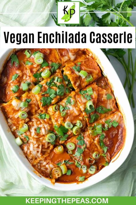 An easy vegan enchilada casserole layered with corn tortillas, black beans, and spinach. A family-friendly meal that's ready in 30 minutes! Dairy Free Enchiladas, Vegan Enchilada Casserole, Vegan Casserole Recipes, Green Chili Enchiladas, Spinach Enchiladas, Vegan Enchiladas, Vegan Casserole, Recipes With Enchilada Sauce, Vegetarian Enchiladas