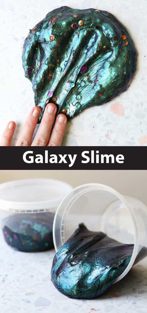 Galaxy Slime - Only 2 Ingredients - Childhood Magic Galaxy Birthday Activities, Galaxy Activities For Kids, Galaxy Magic Milk Experiment, Galaxy Slime Recipe Easy, Slime With Contact Solution, Diy Galaxy Slime, Storybook Crafts, Paper Rockets, Halloween Slime