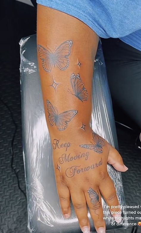 Butterfly Tattoo With White Highlights, Tattoos With White Ink Highlights, Tattoos With White Ink, Butterfly New Beginnings Tattoo, Kylie Butterfly Tattoo, Iridescent Butterfly Tattoo, Butterfly Tattoo Arm Ariana Grande, White Highlights, White Ink