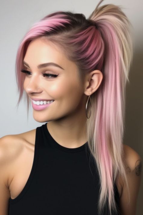 Grey And Pink Hair Ombre, Pink Hair Professional, Red Roots And Blonde Hair, Pink Hair Over 40 For Women, Pink Color Melt Hair, Blond And Colored Hair, Blonde Colorful Hair, Bold Hair Color Ideas For Blondes, Edgy Hair Color Ideas Blondes