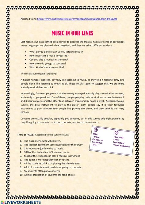 Music (Reading comprehension): Reading comprehension ficha Music Reading Worksheets, Kindergarten Reading Comprehension, Free Reading Comprehension Worksheets, Worksheets For Grade 1, Music Reading, Esl Reading, School Homework, Comprehension Skills, Music Worksheets