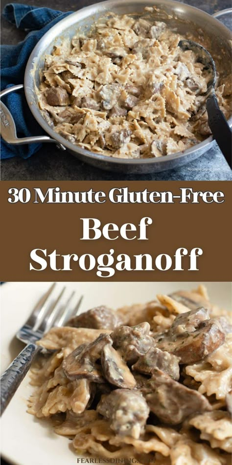 Get ready for the best in comfort food. Mouthwatering chunks of beef cooked in a flavorful sauce and served over gluten free egg noodles. If you have missed stroganoff, wait until you try this homemade gluten-free beef stroganoff recipe! It can be made in under 30 minutes with steak, stew meat, or ground beef. It is a budget friendly recipe and makes ab incredible family dinner recipe. Gluten Free Steak Dinner, Stroganoff Recipe Gluten Free, Gluten Free Beef Stroganoff Crockpot, Ground Beef Meat Sauce, Beef Stroganoff Steak, Gluten Free Beef Tips And Gravy, Gluten Free Beef And Noodles, Gf Beef Stroganoff, Gluten Free Recipes For Dinner Beef