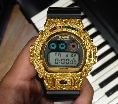 outrageously expensive bling | Pharrell Blings The Bape Casio G Shock DW 6900 Gold G Shock, Dw 6900, New G Shock, Amazing Watches, Dapper Style, Wrist Wear, G Shock Watches, Casio G Shock, Pharrell Williams