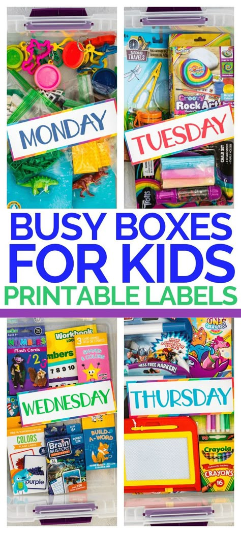 Learn how to make and use busy boxes for kids of all ages. #QuietBoxes #BusyBoxes #preschool #Elementary #BoredomBusters #PlayatHome #FineMotorSkills #kidsactivities Theme Boxes For Preschool, Busy Box For Preschoolers, Busy Box For Kindergarten, Diy Busy Boxes For Preschoolers, Homeschool Busy Boxes, Summer Busy Boxes, Quiet Time Boxes Kindergarten, Morning Activity Boxes, Quiet Boxes For Kindergarten