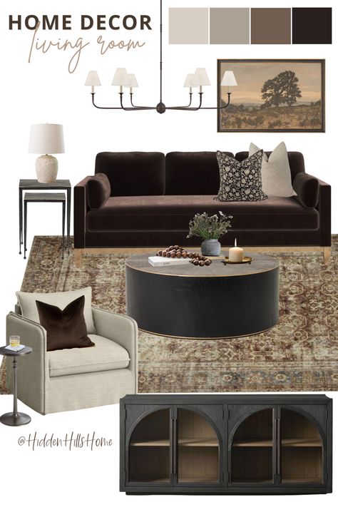 Living room decor mood board with dark and moody tones! This living room has a modern traditional style with hints of vintage inspiration Dark Brown Sofa Living Room, Velvet Sofa Living Room, Masculine Living Rooms, Brown Sofa Living Room, Organic Modern Living Room, Moody Living Room, Organic Living Room, Brown Couch Living Room, Dark Living Rooms