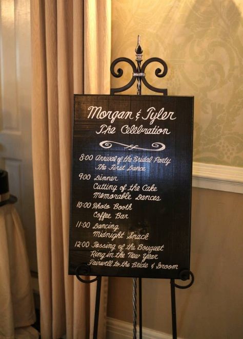 Schedule -- wedding reception -- New Year's Eve wedding Reception Schedule, Wedding Reception Schedule, Reception Timeline, Wedding Reception Timeline, Wedding Centerpieces Mason Jars, New Year's Eve Wedding, New Years Eve Wedding, New Years Wedding, Wedding Schedule