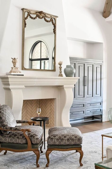 French Provincial Fireplace Mantels, French Provincial Fireplace, French Fireplace Surround, Modern French Interiors, Modern French Home, French Country Fireplace, Old World Interiors, French Country Colors, Farmhouse Fireplace Decor