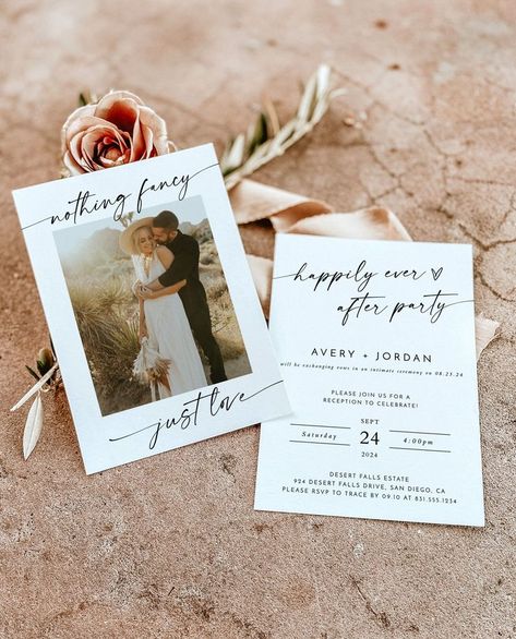 This lovely Reception + Elopement Party Announcement features beautifully minimal calligraphy + design. Happily Ever After Party, Ever After Party, Nothing Fancy Just Love, Wedding Announcements Photos, Elopement Party, Elopement Reception, Elopement Announcement, Photo Png, Reception Invitations