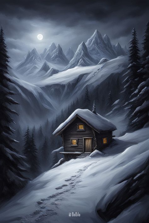 Mountain House Drawing, Snowfall Drawing, House In The Mountains, Dark Nature, Mountain Homes, Snow Mountain, House Drawing, Peaceful Places, Nature Art Painting