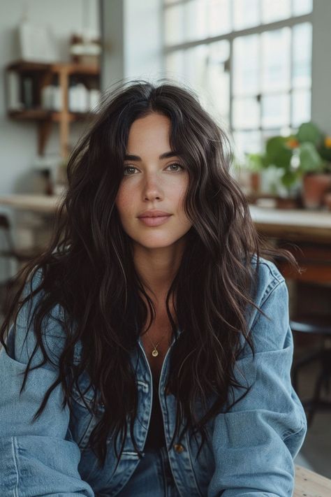 Midnight Waves Winter Hair Inspiration, Black Hair Light Eyes, Long Layered Brown Hair, Long Textured Haircut, Mid Back Length Hair, Pale Skin Dark Hair, Wavy Brunette Hair, Herb Products, Vanessa Hudgens Hair