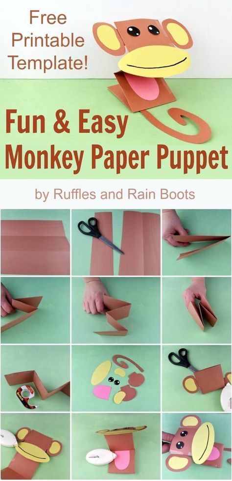 Make this adorable monkey paper puppet for kids using this free printable template. They are so stinking cute! #monkey #papercraft #puppet #paperpuppets #safari #party #rufflesandrainboots via @momtoelise Safari Crafts, Monkey Puppet, Monkey Crafts, Puppets For Kids, Rainy Day Crafts, Paper Puppets, Puppet Crafts, Animal Crafts For Kids, Cute Monkey