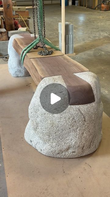 Ethan Stebbins on Instagram: "Dovetail bench in progress.  Black walnut and granite boulders.  @atelierscourbet  @nicolehollissf" Wood And Stone Furniture, Stone Furniture Design, Stone Table Design, Log Furniture Plans, Black Walnut Table, Diy Wood Bench, Pizza Kitchen, Wood And Concrete, Tree Furniture