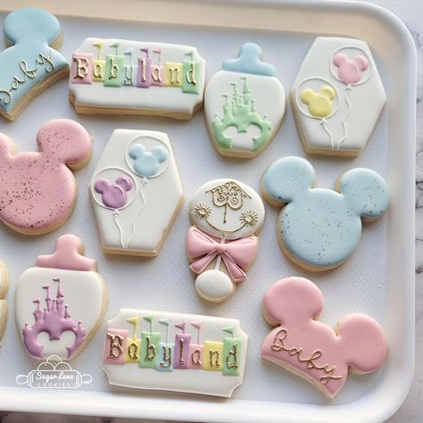 Sugar Lane Cookies (@sugarlanecookies) | Instagram profile Baby Shower Party Favors Disney, Disney Birthday Treats, Baby Disney Baby Shower Ideas, Vintage Disney Cookies, Gender Reveal Themes Disney, Disneyland Cookies Decorated, Baby Land Baby Shower Theme, Disney Theme Gender Reveal, Disneyland Gender Reveal