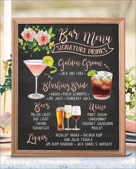 Fun and Creative Wedding Bar Ideas Cocktail Watercolor, Chalkboard Bar, Signature Wedding Drinks Sign, Backyard Food, Wedding Bar Menu Sign, Bar Menu Sign, Cocktail Sign, Signature Cocktails Wedding, Jack And Coke