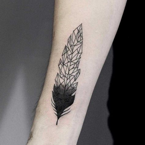 Geometric black and white feather tattoo on the right forearm by Yi.Postyism White Feather Tattoo, Geometric Feather Tattoo, White Feather Tattoos, Owl Forearm Tattoo, Phoenix Feather Tattoos, Feather Tattoo Arm, Geometric Feather, Black And White Feather, Feather Tattoo Meaning