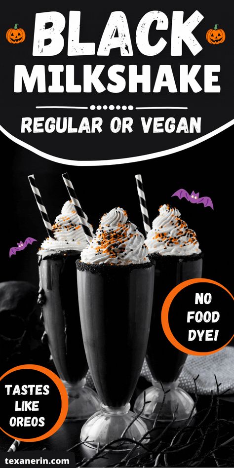 Make your Halloween extra eerie with a black milkshake! This spooky Halloween food is made with rich black cocoa powder, creating a striking and delicious black dessert. Perfect for anyone looking to whip up unique Halloween milkshakes that stand out at any festive gathering. Black Halloween Snacks, Black Halloween Desserts, Halloween Milkshakes For Kids, Cool Milkshakes, Hocus Pocus Milkshake, Fun Halloween Drinks For Kids, Halloween Frappe, Spooky Milkshake, Kid Friendly Halloween Drinks