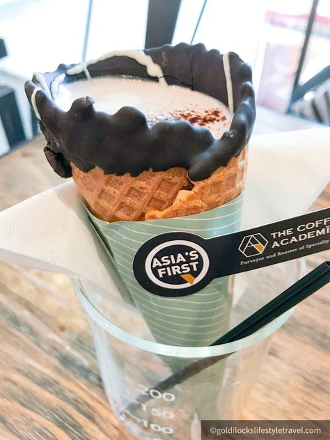 Coffee With Chocolate, Coffee Cone, Coffee In A Cone, Biscuit Cups, Hokey Pokey, Custard Sauce, Coffee Bar Design, Speciality Coffee Shop, Bubble Waffle