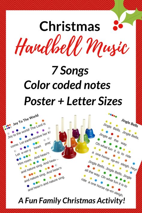 Handbell Christmas Music Sheets with Color-coded notes and lyrics- a Fun Family Christmas Activity Hand Bell Songs, Christmas Music Sheets, Christmas Music For Kids, Hand Bell Music, Handbell Music, Christmas Music Activities, Music Therapy Interventions, Tradition Christmas, Music Printables