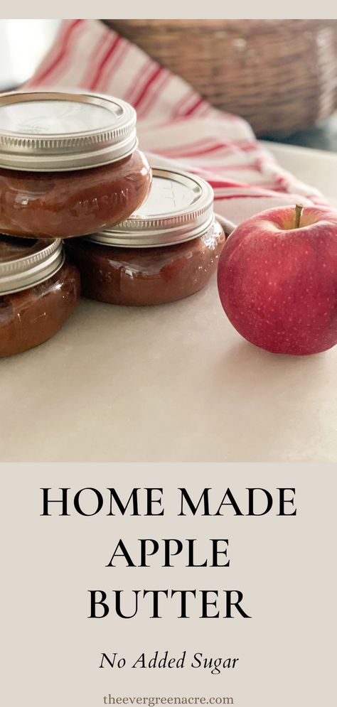 three jars of apple butter with silver canning lids next ro a red apple red and white towel in the background text with beige background Healthy Apple Butter Recipe, Sugar Free Apple Butter Recipe, Sugar Free Apple Butter, Easy Apple Butter, Butter From Scratch, Apple Juice Recipe, Canning Apples, Fig Jam Recipe, Apple Butter Crock Pot