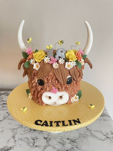 Highland Cow Cake With Flowers, Highland Cow Smash Cake, Hyland Cow Cake, Georgia Cake, Highland Cow Cake, Cow Birthday Cake, Cow Cake, Fondant Ideas, Cow Cakes