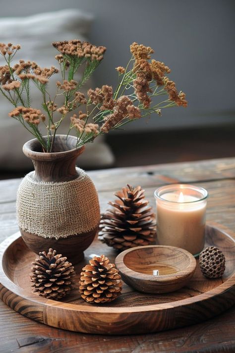 rustic coffee table tray decor Styling Round Tray On Coffee Table, Coffee Table Fall Decor Tray, Round Table Tray Decor Ideas, Styling Ottoman Coffee Table Trays, Fall Round Coffee Table Decor, Round Coffee Table Centerpiece Ideas, Round Ottoman Tray Decor Ideas, Round Table Decor Living Room, Boho Coffee Table Decor Ideas