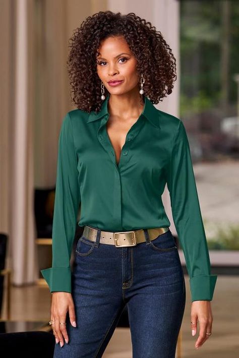 Our silky charmeuse blouse enhances the look of any outfit with its soft sheen and elegant tailoring. This versatile button-up shirt pairs flawlessly with everything from topping denim jeans to a layering essential under blazers, while offering luxurious comfort and ease. | Boston Proper - Deep Emerald Green - Sophia Button-Up Charmeuse Blouse - 2 Bottle Green Top Outfit With Jeans, How To Mix Prints, Emerald Green Winter Outfit, Bright Business Casual, Satin Outfits For Women, Green Silk Top Outfit, Navy Top Outfit Work, Emerald Green Outfit Ideas Casual, Jewel Tone Wardrobe