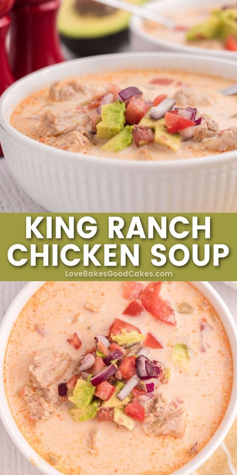 King Ranch Chicken Soup pin collage King Ranch Chicken Soup, Ranch Soup, Ranch Chicken Soup, Healthy Delicious Soups, Chicken Soup Crockpot, Chicken Soup Recipes Homemade, King Ranch Chicken, Flexitarian Recipes, Instant Pot Soup Recipes