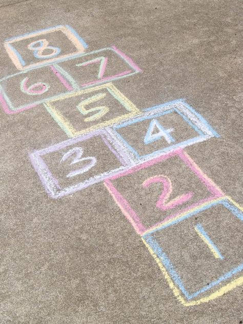 Hopscotch. Half the fun was drawing the squares on your driveway! Chalk Drawings, Chalk, Drawings