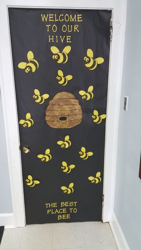 Bee door, by Adriene. Bumble Bee Classroom Door, Bee Hive Door Decoration, Bumble Bee Door Decorations Classroom, Bumblebee Classroom Theme, Busy Bee Classroom Theme, Bee Door Decorations Classroom, Bee Door Decoration, Daycare Door Ideas, Bee Classroom Decor