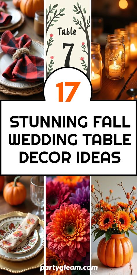 Transform your autumn celebration with these 17 amazing fall wedding table decor ideas! From rustic centerpieces using pumpkin vases and nourish tables with rich jewel-toned floral arrangements to cozy plaid napkins and ribbons, you've got plenty of choices to create that inviting, warmth-filled atmosphere for your guests. Don’t miss the metallic gold charger plates and charming woodland-themed table numbers to elevate your setting. This season is the perfect time to shine with personal touches that amaze. Fetch inspirations that say 'fall wedding' loudly! Pumpkin Decorations For Wedding, Fall Wedding Reception Table Decorations, Fall Centerpieces Wedding, Pumpkin Vases, Fall Wedding Reception Tables, Pumpkin Centerpieces Wedding, Fall Wedding Tablescapes, Wedding Table Decor Ideas, Rustic Fall Centerpieces