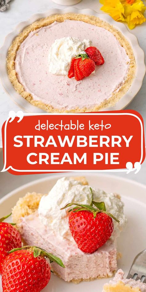 This dreamy Keto Strawberry Pie has a light and creamy mouse filling with an almond flour shortbread crust. It's super easy to make and only 4 net carbs per slice! Keto Strawberry Pie, Keto Hamburger Buns, Almond Flour Shortbread, Strawberry Cream Pie, Healthy Low Fat Recipes, Strawberry Cream Pies, Best Fat Burning Foods, Shortbread Crust, Low Carb Sweets