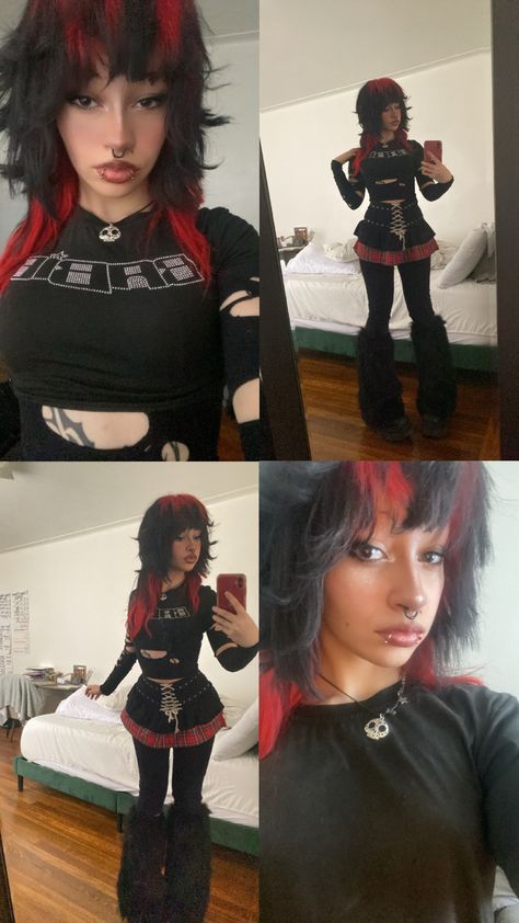 Gothic emo red black hair alternative Black Hair W Red Underneath, Black Blonde Red Hair, Red And Black Hair Dye Ideas, Red N Black Hair, Emo Hair Dye Ideas, Red Emo Outfits, Black Hair Alternative, Red Emo Hair, Emo Red Hair