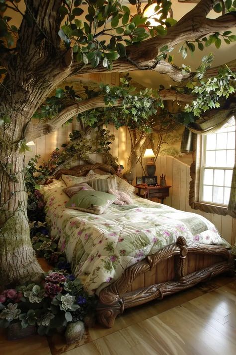 Sleep among the Trees: 55 Nature-Loving Forest Bedroom Designs to Bring the Outside In - DreamyHomeStyle Woodland Bedroom, Forest Bedroom, Indoor Playroom, Nature Room, Dream Bedroom Inspiration, Fantasy Bedroom, Natural Bedroom, Earthy Bedroom, Fantasy Rooms