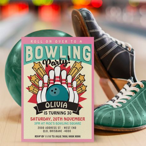 Retro Bowling Birthday Party Invitation - birthday invitation Bowling Invites Birthday, Bowling Party Ideas, Bowling Birthday Party Invitations, Bowling Party Invitations, Bowling Birthday Party, Retro Bowling, Bowling Birthday, Birthday Party Snacks, Bowling Party