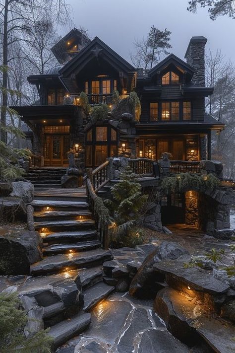 Dark House Exterior In The Woods, Design Patio Ideas, Backyard Patio Lights, Aesthetic Patio, Patio Aesthetic, Fairytale Houses, Morden House, Patio Decorations, Mountain Dream Homes