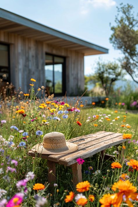 Wildflower Backyard, Wildflower Garden Ideas, Hippie Garden Ideas, Colorful Backyard, Hippie Garden, Rustic Wooden Bench, Wallpaper 2024, Garden Inspo, Wild Garden