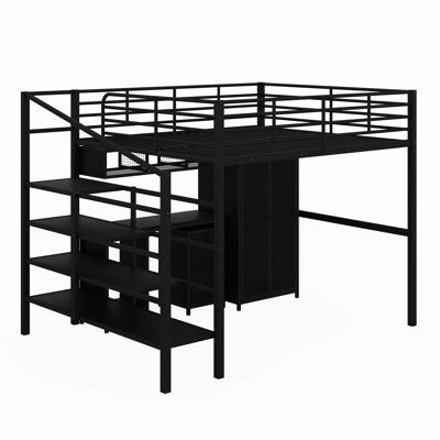 √ This loft bed features a square frame construction for a more stable frame that can hold up to 250 lbs. Sturdy safety rails ensure your safety and a 6-8'' thick mattress is recommended. The loft bed design makes efficient use of vertical space and frees up space under the bed. You can fit a desk, sofa, TV, or even another bed under the bed. | Ivy Bronx Metal Loft Bed w / Table Set & Wardrobe Metal in Black | Full | Wayfair Black Loft Bed Ideas, Black Loft Bed, Loft Bed Black, Kids Daybed, Full Loft Bed, Metal Loft Bed, Bed Metal, Black Loft, Kids Nightstand