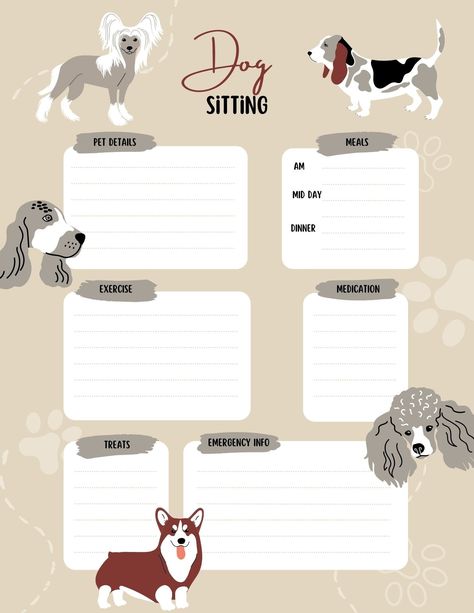 Dog Sitting Instructions - As a pet owner I know how stressful it is to leave your fur babies.  This form allows you to let the pet sitter know what  you want to convey.  As a pet sitter this form makes sure the owners can tell you everything they need to and its all in one place.  Once its filled out you have all the info you will need to make sure everyone has a good time while away. Dog Sitting Flyers, Dog Sitter Instructions Template, Pet Sitting Flyer Ideas, Dogs Template, Pet Sitting Flyer, Pet Sitting Forms, Babysitting Kit, Dog Sitting Business, Pet Care Printables