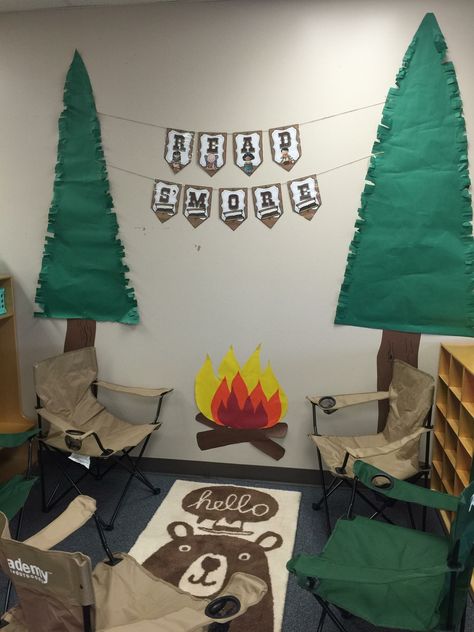 Camping themed classroom reading nook Classroom Reading Nook, Reading Nook Classroom, Innovative Teaching Ideas, Classroom Decoration Ideas, Forest Classroom, Camping Classroom, Camping Theme Classroom, Elementary Classroom Decor, Classroom Decor Themes