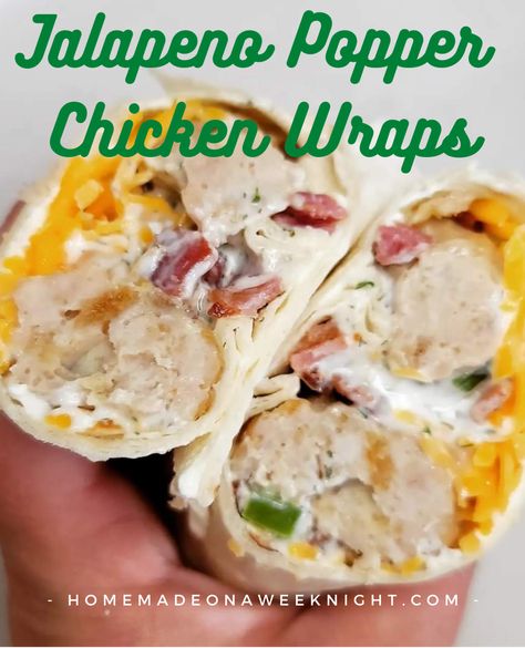 Jalapeno Popper Chicken Wraps - #dinnerisawrap with this flavor bomb of a meal! https://homemadeonaweeknight.com/2021/08/08/jalapeno-popper-chicken-wraps/ #jalapenopopper #chickenwraps #chickenwraprecipes Spicy Cheesy Jalapeno Wraps, Jalapeño Popper Wraps, Ranchero Wrap Jasons Deli Recipe, Jasons Deli Recipes, Cheese Bacon Chicken, Chicken Bacon Ranch Wrap, Jeff Mauro, Chicken Poppers, Popper Chicken