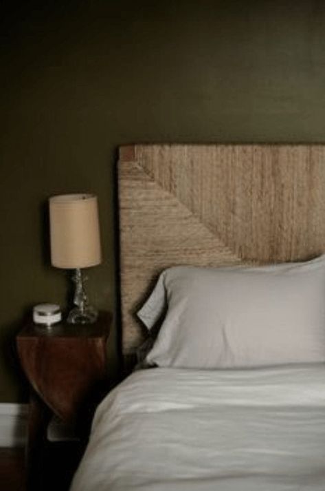 Olive Green Bedrooms, Emily Anderson, Olive Green Walls, Green Interior Design, Wicker Bedroom, Wicker Headboard, Wicker Shelf, Wicker Decor, Green Room