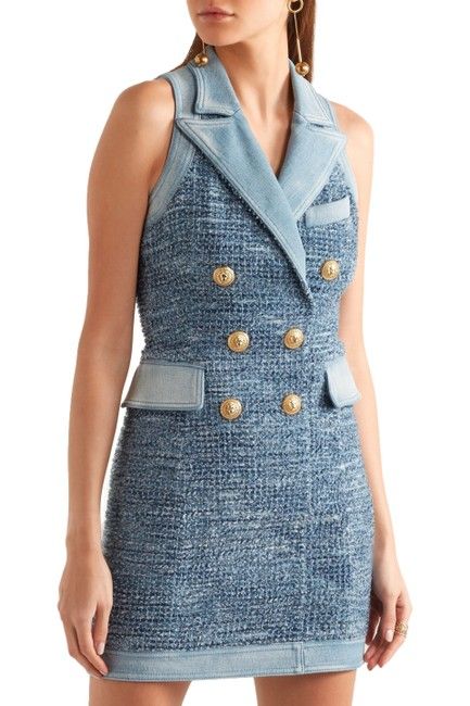 Balmain New Runway Sexy Tweed & Denim Mini Fr 36 Us Sold Out Short Casual Dress Size 4 (S) - Tradesy Iconic Fashion Photography, Long Vest Outfits For Women, Long Vest Outfit, Tweed Outfits, Balmain Denim, Vest Outfits For Women, Givenchy Sandals, Tweed Mini Dress, Plaid Jacket Women