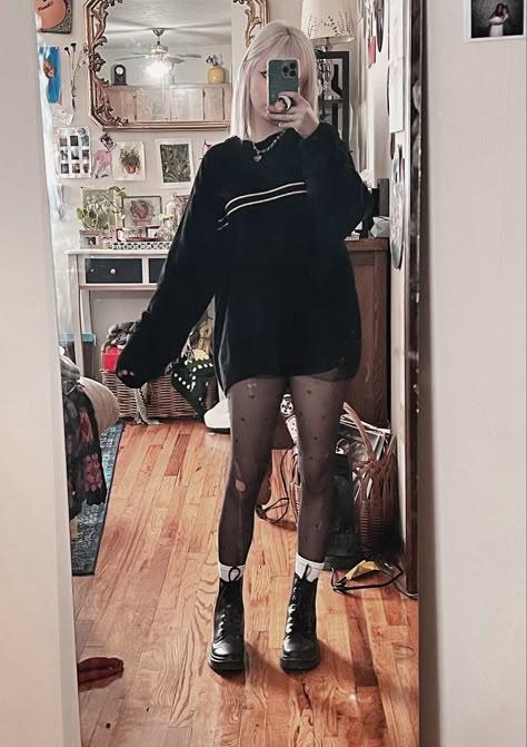 oversized sweater outfit Docs And Stockings Outfit, Oversized Tee And Tights, Oversized Tee With Tights, Oversized Sweater And Tights Outfit, Oversized Sweater With Tights, Ripped Tights Outfit Grunge, Shorts With Tights Outfit Grunge, Oversized Sweater Outfit Grunge, Sweater And Tights Outfit