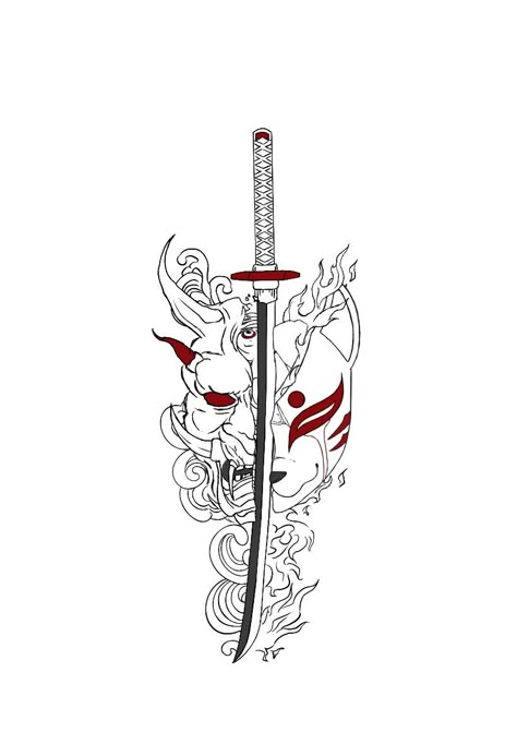 Tattoo idea, Oni Mask, Kitsune Mask, Katana, Weight between Water and Fire Oni Mask Tattoo Female, Naruto Mask Tattoo, Kitsune Mask Tattoo Design Black, Oni Mask Knife Tattoo, Hana Masks Tattoo, Anime Swords Ideas Tattoo, Tattoes Idea Aesthetic, Anime Mask Tattoo, Traditional Japanese Art Tattoo